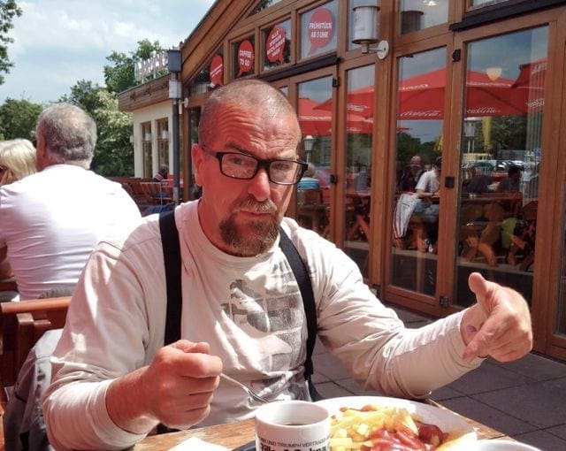 Steve tucks-in to some well-earned food